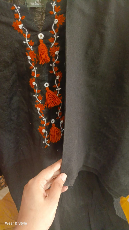 Classic Black Shirt Rust Orange Embroidery & Tassel Detail With Plazo