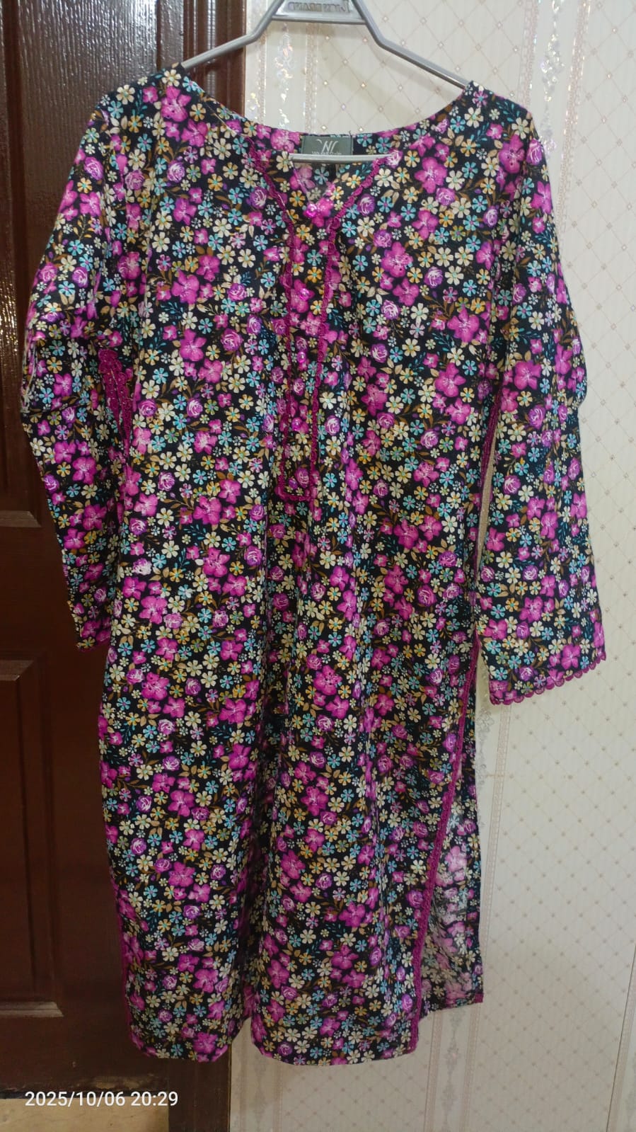 1 Piece Floral Embroided  Printed Cotton Shirt – Vibrant Pink & Yellow Accents