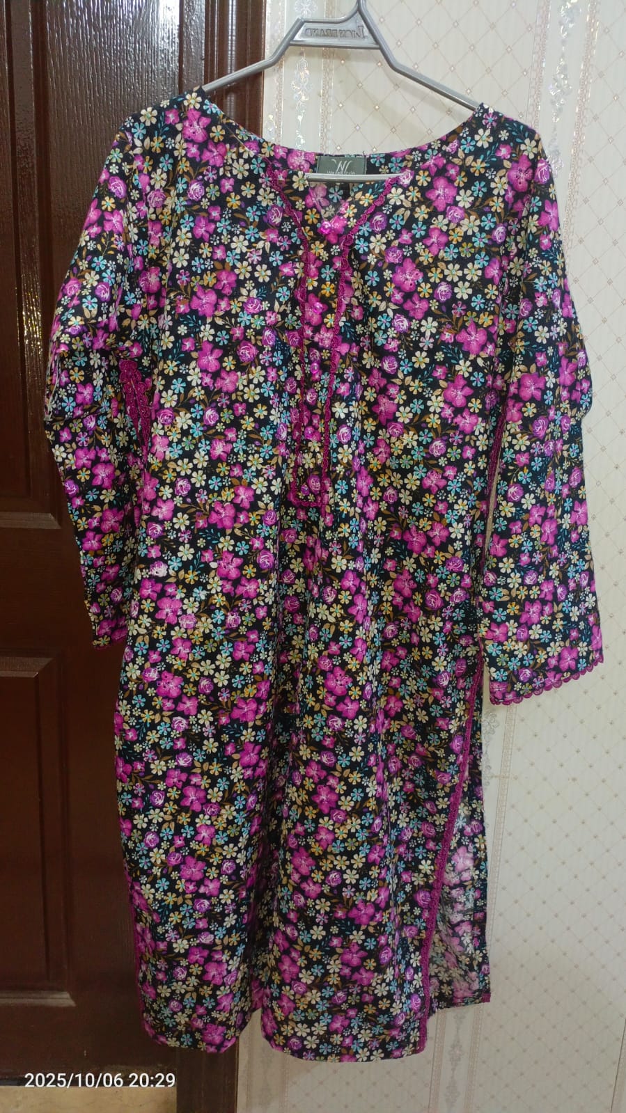 1 Piece Floral Embroided  Printed Cotton Shirt – Vibrant Pink & Yellow Accents