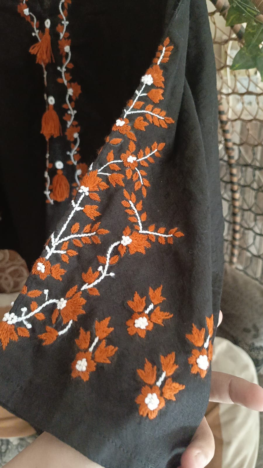 Classic Black Shirt Rust Orange Embroidery & Tassel Detail With Plazo