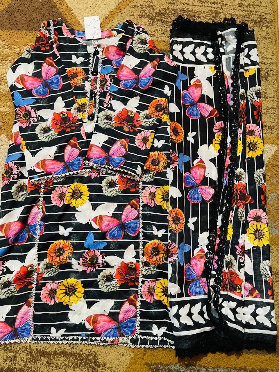 3-Piece Straight Embroidered Dress with Plazo & Printed Dupatta