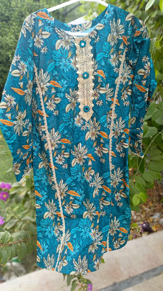 floral-patterned kurti (tunic) in shades of teal