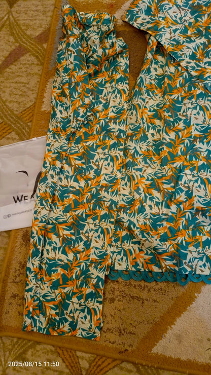 Mustard Leaf Print Two-Piece Suit