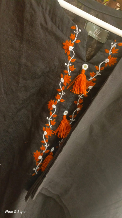 Classic Black Shirt Rust Orange Embroidery & Tassel Detail With Plazo