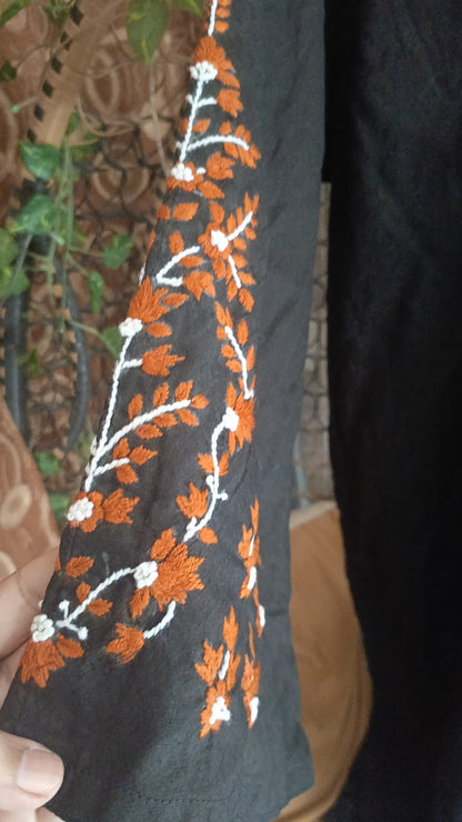 Classic Black Shirt Rust Orange Embroidery & Tassel Detail With Plazo