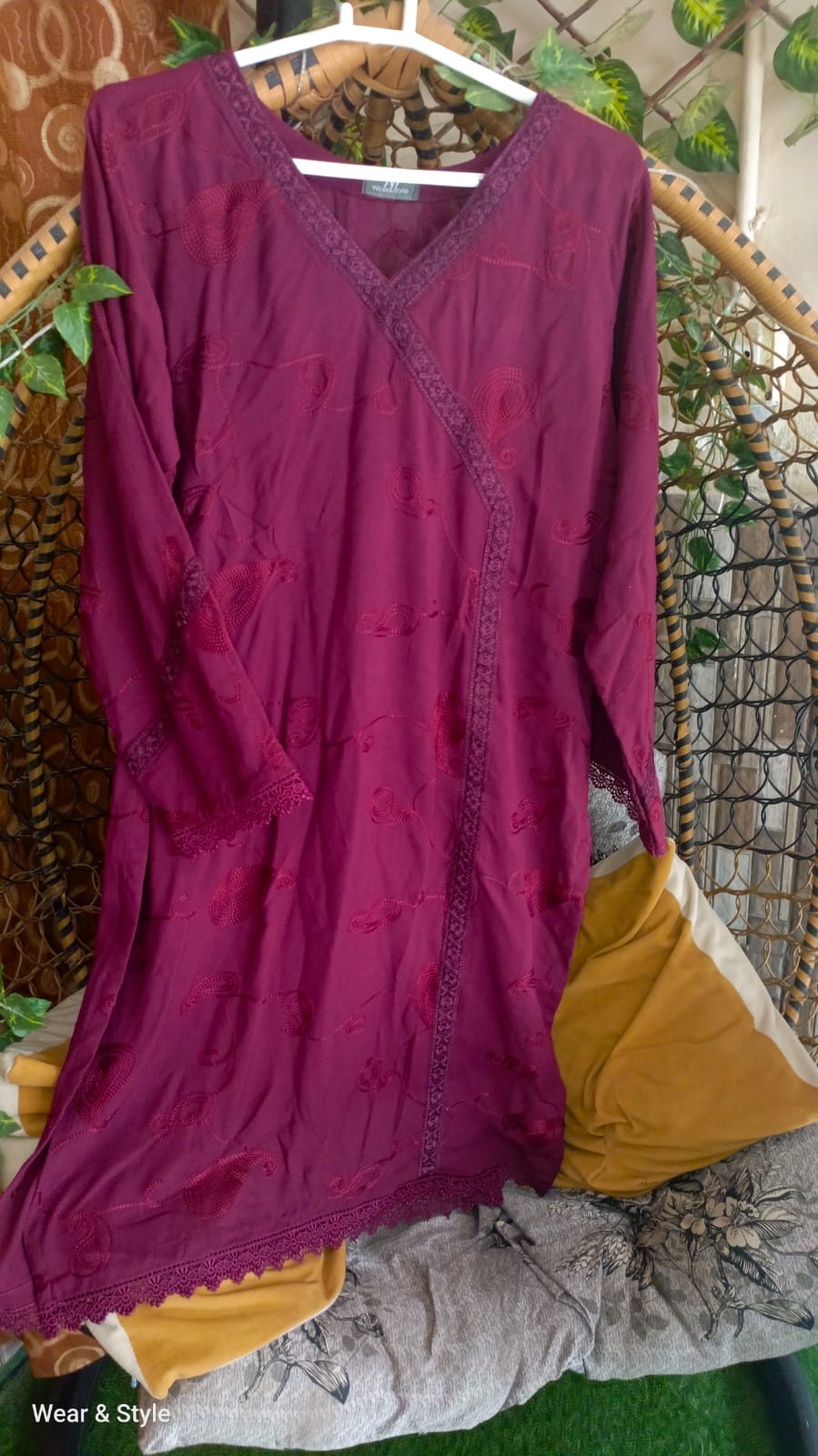 Elegant Maroon Embroidered Viscose Shirt – V-Neck