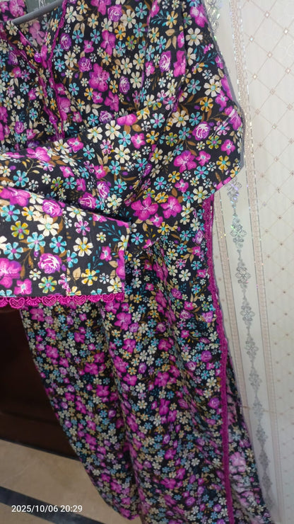 1 Piece Floral Embroided  Printed Cotton Shirt – Vibrant Pink & Yellow Accents