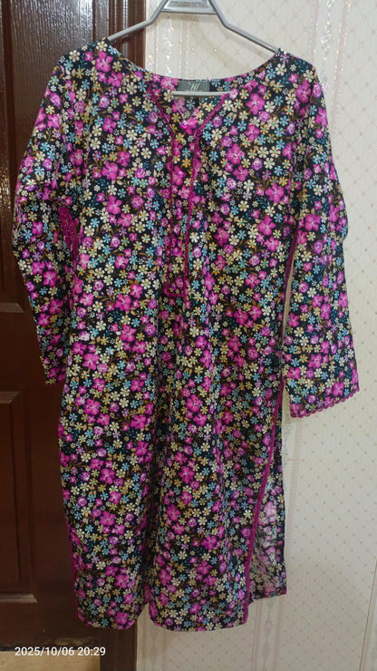 1 Piece Floral Embroided  Printed Cotton Shirt – Vibrant Pink & Yellow Accents