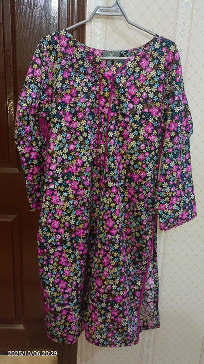 1 Piece Floral Embroided  Printed Cotton Shirt – Vibrant Pink & Yellow Accents