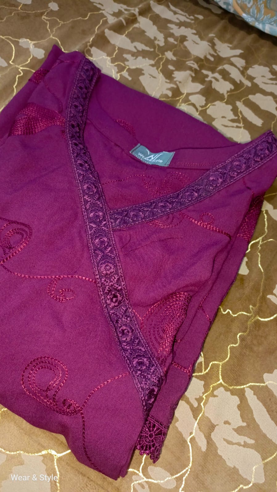 Elegant Maroon Embroidered Viscose Shirt – V-Neck