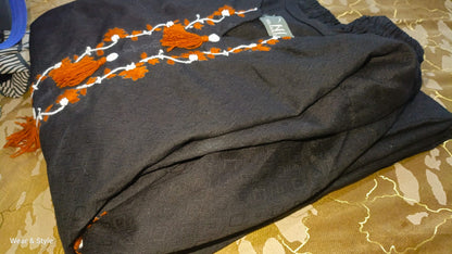 Classic Black Shirt Rust Orange Embroidery & Tassel Detail With Plazo