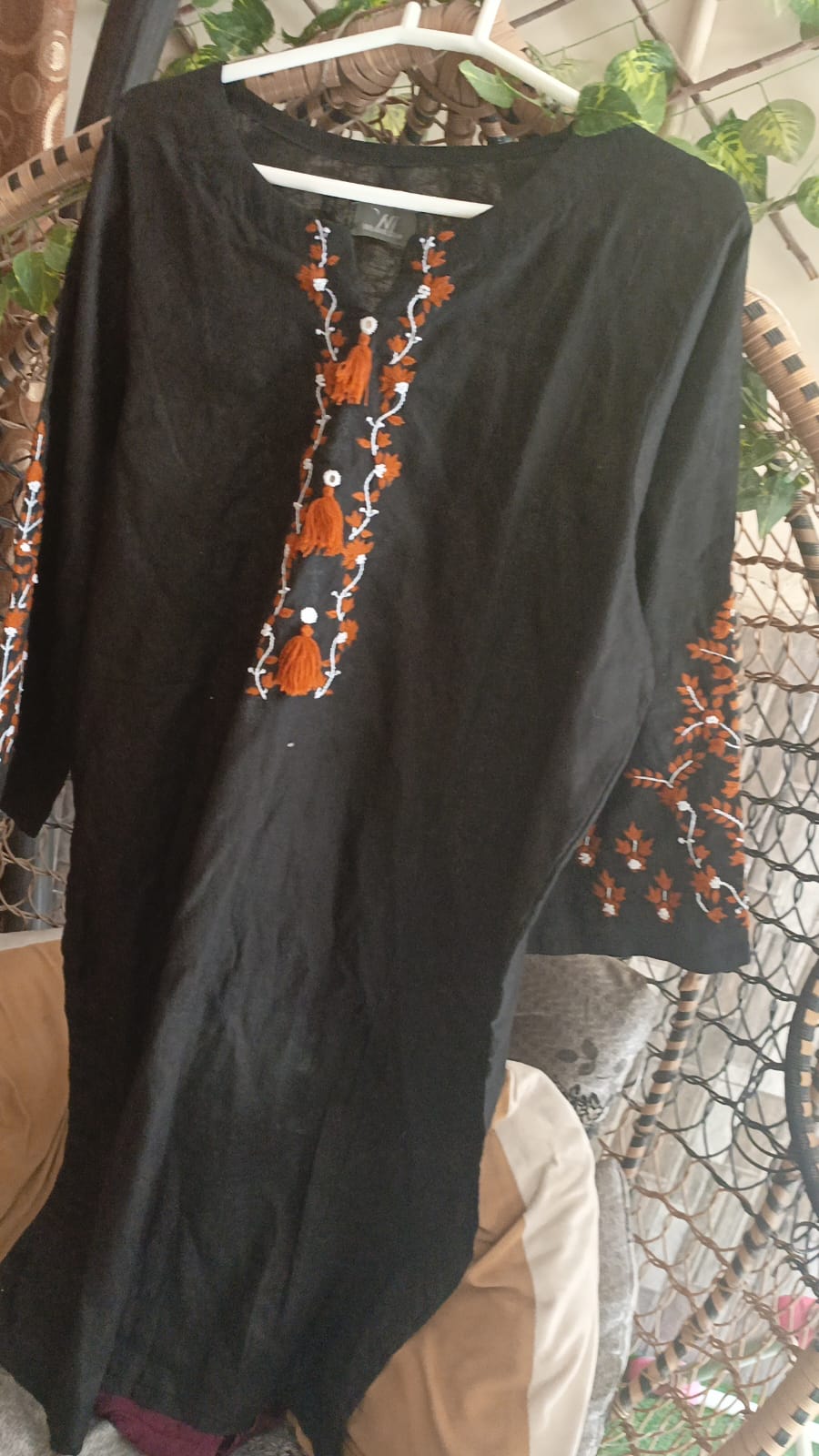 Classic Black Shirt Rust Orange Embroidery & Tassel Detail With Plazo