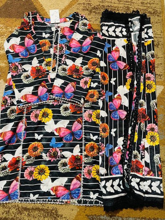 3-Piece Straight Embroidered Dress with Plazo & Printed Dupatta