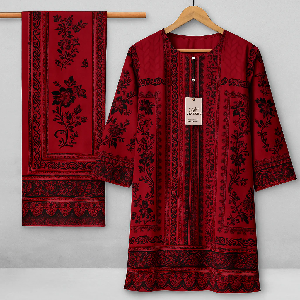 Deep Maroon Floral Printed Lawn 2-Piece