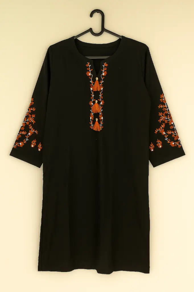 Classic Black Shirt Rust Orange Embroidery & Tassel Detail With Plazo