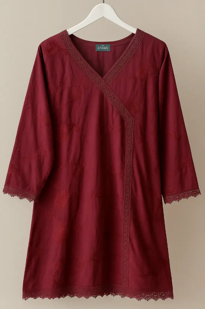 Elegant Maroon Embroidered Viscose Shirt – V-Neck