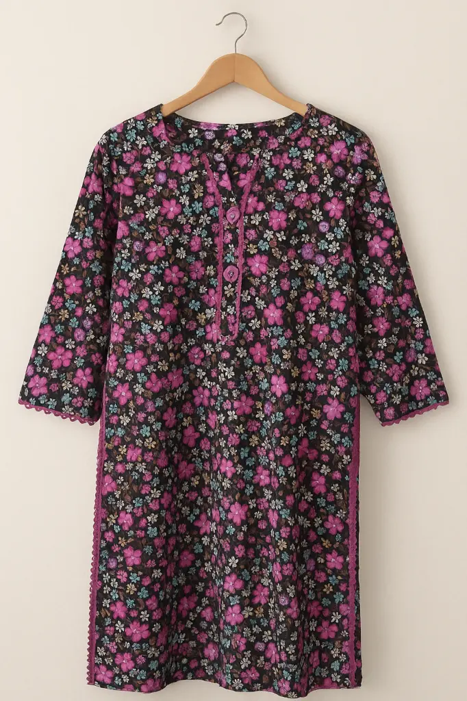 Floral Embroided  Printed Cotton Shirt – Vibrant Pink & Yellow Accents